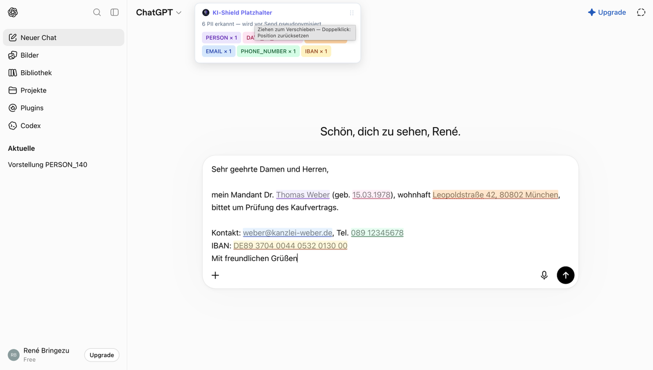 KIShieldGuard-Plugin in ChatGPT: sechs erkannte personenbezogene Daten (Name, Geburtsdatum, Adresse, E-Mail, Telefonnummer, IBAN) werden farbig markiert und vor dem Senden durch Platzhalter ersetzt.