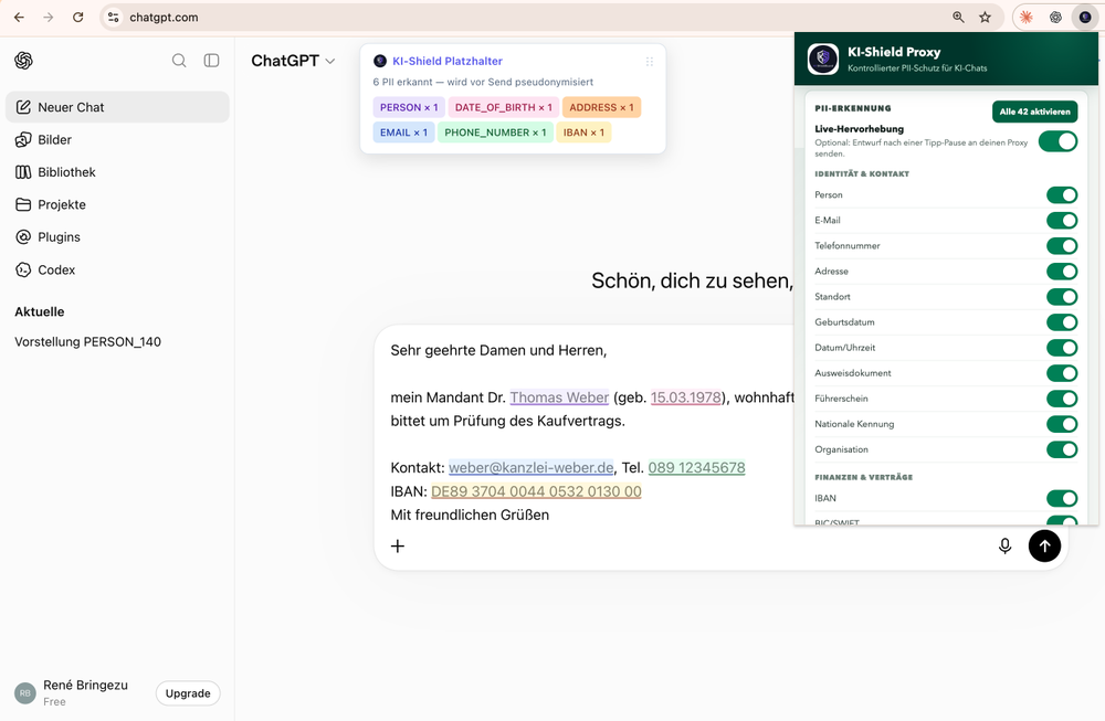 Einstellungsmen&uuml; des KIShieldGuard-Plugins mit einzeln schaltbaren PII-Kategorien wie Person, E-Mail, Telefonnummer, Adresse und IBAN.