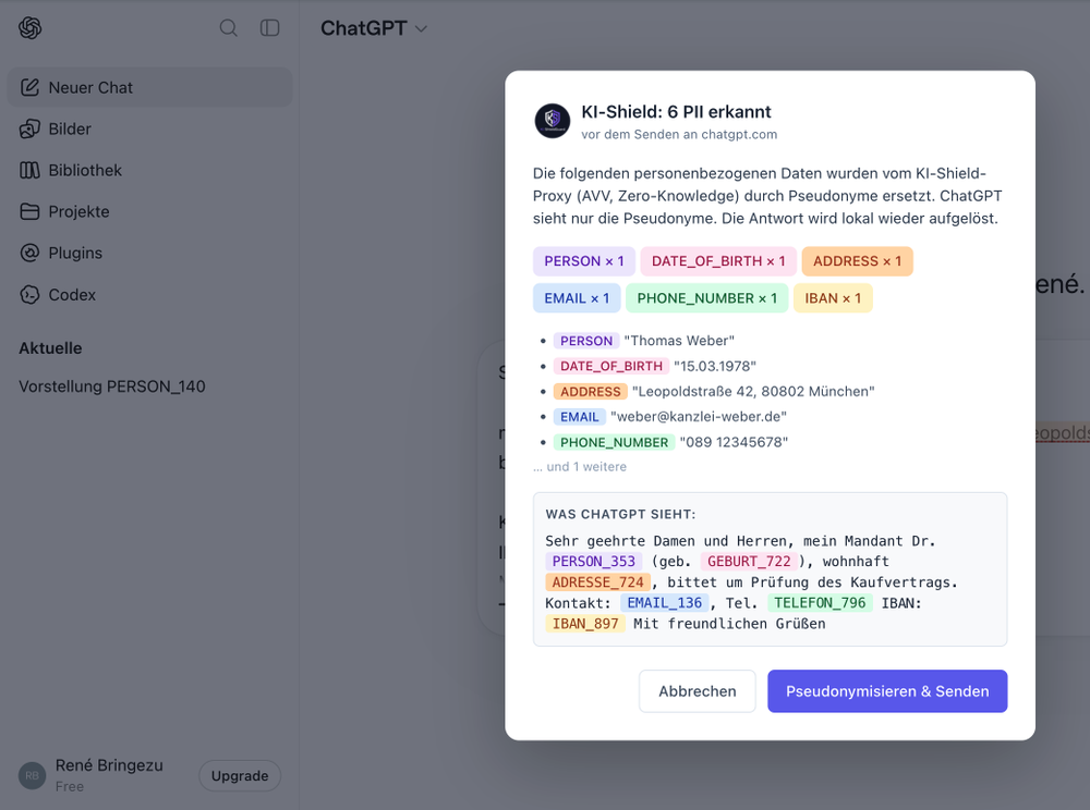 Freigabe-Dialog des KIShieldGuard-Plugins: Vor dem Senden an ChatGPT werden alle sechs erkannten Datenarten aufgelistet und durch Pseudonyme ersetzt.