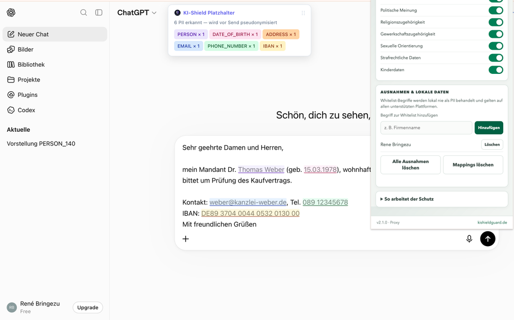 Ausnahmen-Men&uuml; des KIShieldGuard-Plugins mit Sonderkategorien nach Artikel 9 DSGVO und einer eigenen Whitelist f&uuml;r Firmennamen.